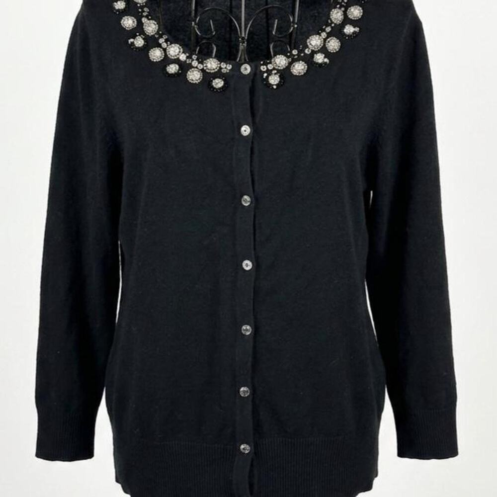 Cable & Gauge Black Embellished Neckline Cardigan Sweater Rhinestone Beaded L